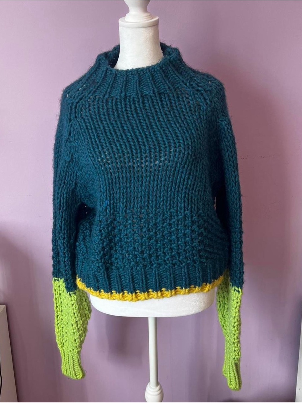 Anthropologie Dr Bloom Tamborito color block sweater teal, green, and yellow M/L